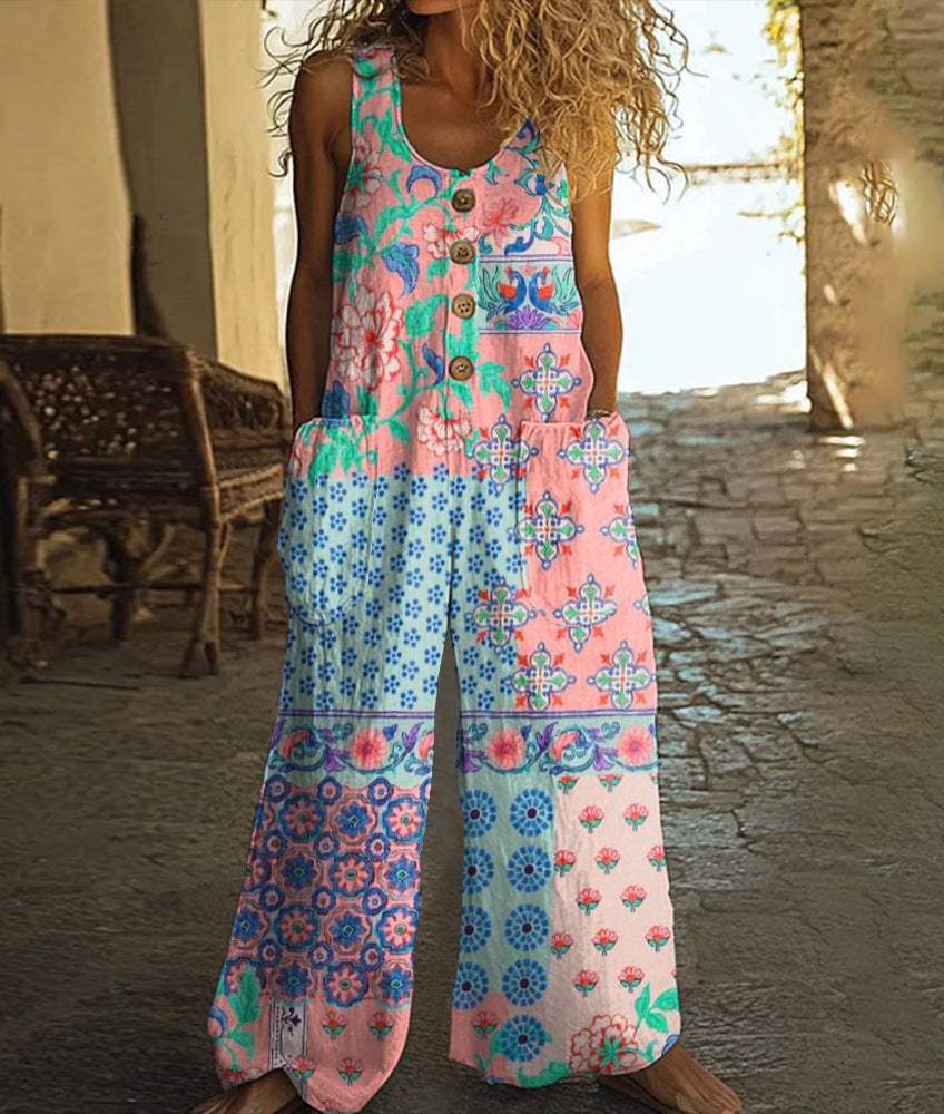 Women's Vintage Ethnic Art Print Wide Leg Jumpsuit